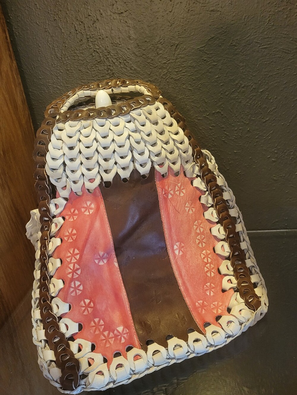 1970s Handwoven  Leather Link Shoulder Bag Ivory/Pink/Brown Made In Argentina